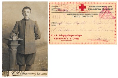Lettera di un soldato italiano su cartolina della Croce Rossa del campo di prigionia Asnach in Austria